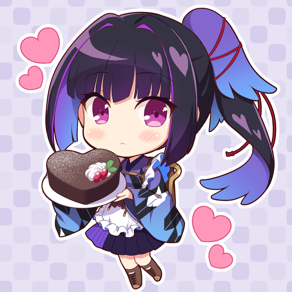 1girl apron black_hair black_skirt blue_hair blush boots brown_boots chibi closed_mouth food frilled_apron frills full_body hair_intakes heart holding holding_plate japanese_clothes karasuba_(prima_doll) kimono lace-up_boots long_hair long_sleeves looking_at_viewer maid multicolored_hair nakamura_hinato outline plate pleated_skirt prima_doll purple_background purple_eyes purple_hair purple_kimono sidelocks skirt solo two-tone_hair very_long_hair wa_maid waitress white_apron white_outline wide_sleeves yagasuri
