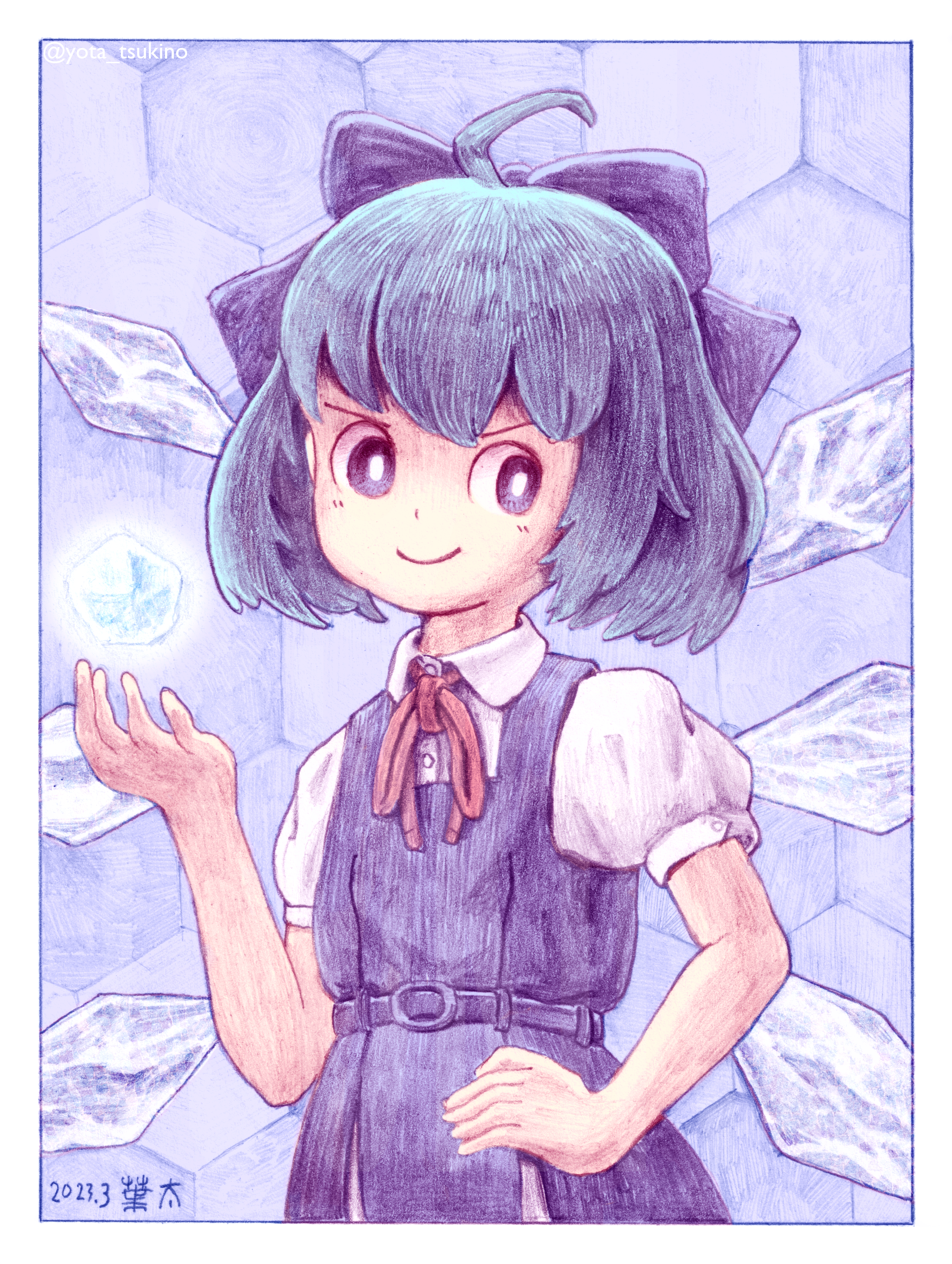 1girl absurdres blue_background blue_dress blue_eyes blue_hair blue_theme bow cirno dated dress hair_bow hand_on_own_hip highres honeycomb_(pattern) honeycomb_background ice ice_wings iqra looking_at_viewer neck_ribbon puffy_short_sleeves puffy_sleeves red_ribbon ribbon short_hair short_sleeves signature smile solo touhou wings