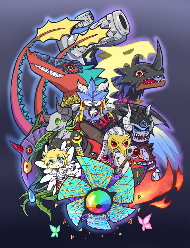 algomon algomon_ultimate barbamon cannon demon_(digimon) digimon digimon_rearise granddracumon gulfmon horns leviamon looking_at_viewer lucemon mask millenniumon sharp_teeth spiral_(digimon) spiral_origin tail teeth wings