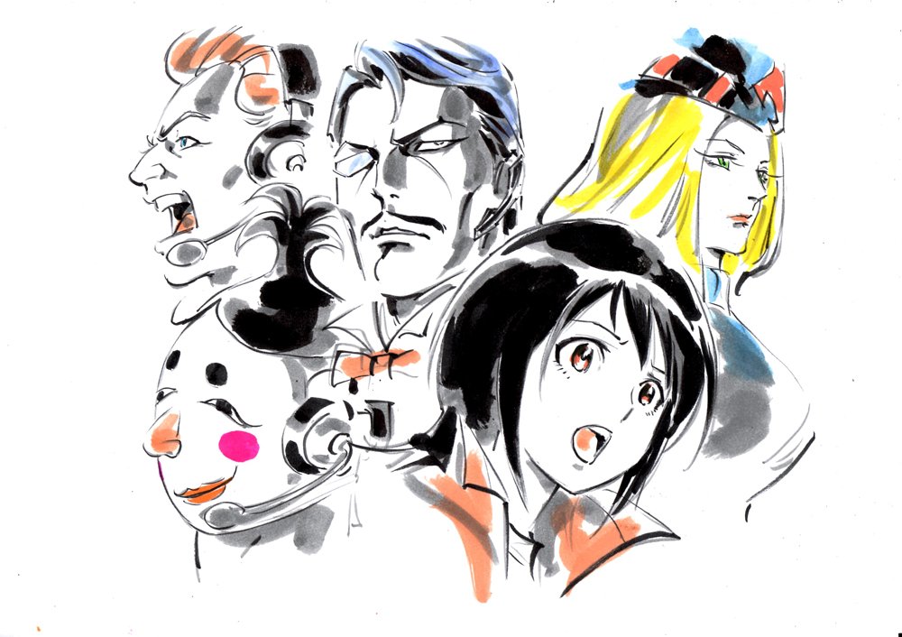 2girls 3boys black_hair blonde_hair blush_stickers expressionless facial_hair fujii_daisuke fukuwara_mask green_eyes hat hayama_jun&#039;ichi headset marker_(medium) mask miss_x_(tiger_mask) monocle mr._x_(tiger_mask) multiple_boys multiple_girls mustache open_mouth orange_eyes takaoka_haruna tiger_mask_(series) tiger_mask_w traditional_media