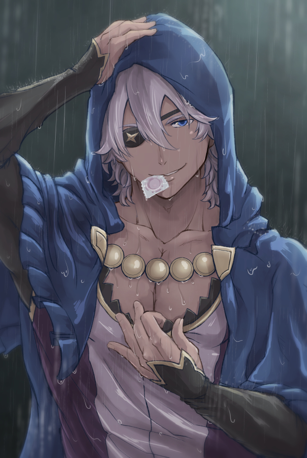 1boy blue_eyes blue_hood condom condom_in_mouth condom_wrapper eyepatch fire_emblem fire_emblem_fates hair_between_eyes hood hood_down hood_up male_focus mouth_hold niles_(fire_emblem) nintendo pectoral_cleavage pectorals rain solo unkmantare white_hair