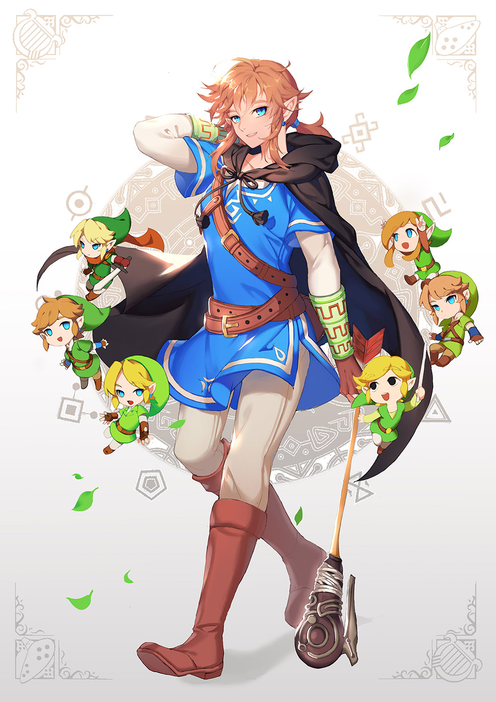 6+boys alternate_costume arrow_(projectile) belt blonde_hair blue_eyes blue_shirt boots brown_hair chibi cloak green_headwear green_tunic harp highres hyrule_warriors instrument leaf link looking_at_viewer lyre multiple_boys muse_(rainforest) nintendo ocarina pointy_ears ponytail red_scarf scarf shirt sidelocks the_legend_of_zelda the_legend_of_zelda:_breath_of_the_wild the_legend_of_zelda:_ocarina_of_time the_legend_of_zelda:_skyward_sword the_legend_of_zelda:_the_wind_waker the_legend_of_zelda:_twilight_princess tunic