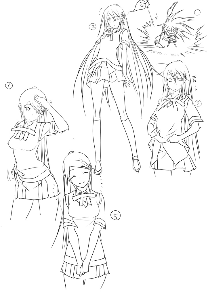 1girl ^_^ arm_up breasts chibi closed_eyes closed_mouth clothes_lift cowboy_shot cropped_legs expressionless flower ghost greyscale hair_between_eyes hair_flower hair_ornament hand_on_own_hip hazakura_seiso head_tilt holding holding_weapon kawagishi_keitarou kneehighs lifting_own_clothes long_hair looking_at_viewer luo_haou maji_de_watashi_ni_koi_shinasai! medium_breasts miniskirt monochrome motion_lines multiple_views non-web_source own_hands_together rectangular_mouth ribbon salute shirt_lift shoes short_sleeves sketch skirt socks spiked_hair sweatdrop swept_bangs thigh_gap v_arms very_long_hair weapon
