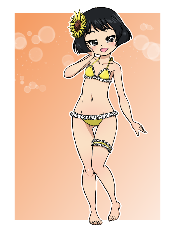 1girl bikini black_hair blush breasts cameltoe flower frilled_bikini frills full_body girls_und_panzer gradient_background grey_eyes hair_flower hair_ornament hand_on_own_cheek hand_on_own_face looking_at_viewer open_mouth orange_background short_hair simple_background small_breasts smile solo swimsuit takahashi_kurage utsugi_yuuki yellow_bikini
