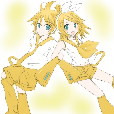 1boy 1girl 2000s_(style) ayu_(citron) blonde_hair blue_eyes blush bow brother_and_sister closed_mouth commentary_request feet_out_of_frame hair_bow hair_ornament hairclip headset kagamine_len kagamine_rin locked_arms looking_at_viewer lowres neckerchief necktie open_mouth sailor_collar shirt short_hair shorts siblings smile socks twins vocaloid white_bow white_shirt yellow_background yellow_neckerchief yellow_necktie yellow_sailor_collar yellow_shorts yellow_socks