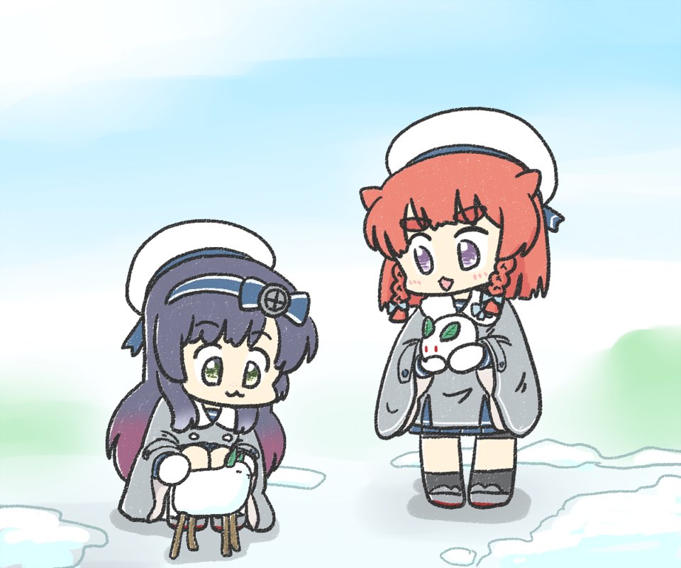 2girls :3 black_hair blue_skirt chibi coat etorofu_(kancolle) ferret-san gradient_hair grey_coat hat kantai_collection long_hair matsuwa_(kancolle) multicolored_hair multiple_girls official_alternate_costume purple_eyes red_hair sailor_hat short_hair skirt snow_rabbit thick_eyebrows white_hat