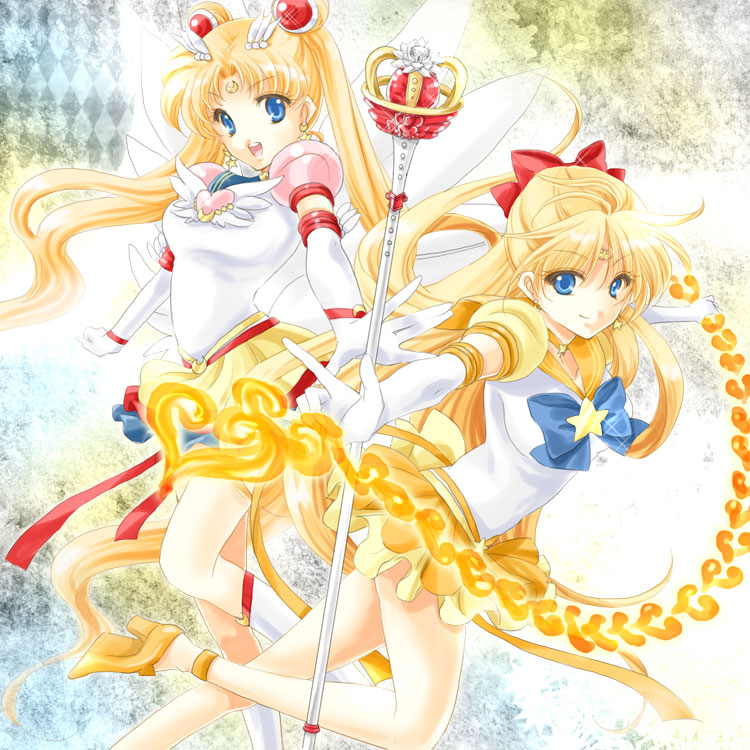 1990s_(style) 2girls aino_minako bishoujo_senshi_sailor_moon bishoujo_senshi_sailor_moon_sailor_stars bishoujo_senshi_sailor_moon_stars blonde_hair blue_eyes blue_sailor_collar boots bow brooch chain choker crescent crescent_facial_mark double_bun earrings elbow_gloves eternal_sailor_moon facial_mark gloves hair_bow hair_bun hair_ornament half_updo heart heart_brooch high_heels jewelry knee_boots long_hair looking_at_viewer magical_girl multiple_girls orange_skirt outstretched_arms red_bow retro_artstyle sailor_collar sailor_moon sailor_senshi sailor_venus scepter shirataki_kaiseki skirt standing star_(symbol) star_brooch super_sailor_venus_(stars) tiara tsukino_usagi twintails white_gloves wing_brooch wings