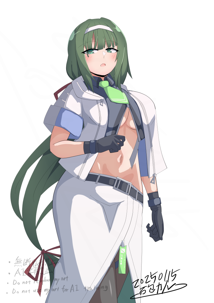1girl adapted_costume arm_at_side artist_name assault_lily belt belt_buckle black_belt black_gloves black_pantyhose black_shirt blunt_bangs blush breasts buckle collared_shirt commentary_request cowboy_shot crop_top dated gloves green_eyes green_hair green_necktie hair_ribbon hairband hand_up hasebe_touka ishitsuma_canon jacket large_breasts long_hair long_skirt looking_at_viewer low-tied_long_hair midriff navel necktie no_bra open_clothes open_jacket pantyhose parted_lips partially_unzipped red_ribbon ribbon shirt short_necktie short_sleeves side_slit simple_background skirt solo standing stomach underboob very_long_hair watermark white_background white_hairband white_jacket white_skirt