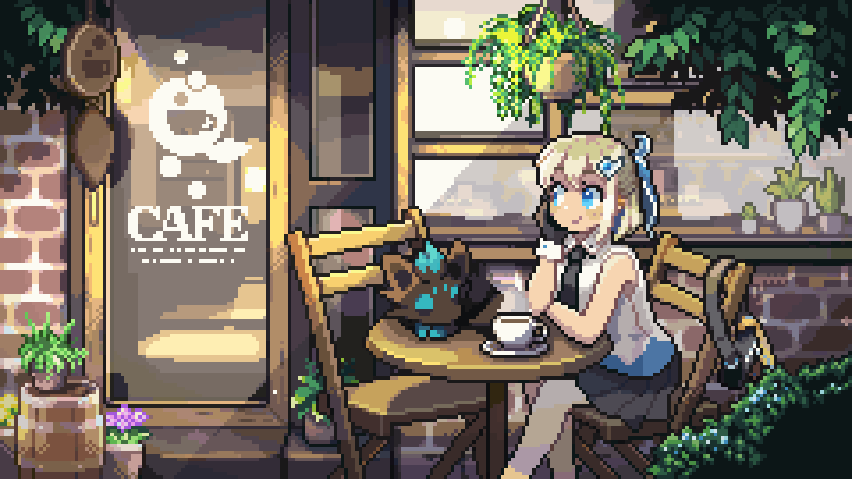1girl animated animated_gif black_gloves black_necktie black_skirt blonde_hair blue_eyes chair character_request collared_shirt cup disposable_cup door gloves hanging_plant indie_virtual_youtuber necktie outdoors oyuzaki_(ayuzaki) pixel_art plant plate potted_plant shirt short_hair sitting skirt solo table teacup virtual_youtuber white_shirt