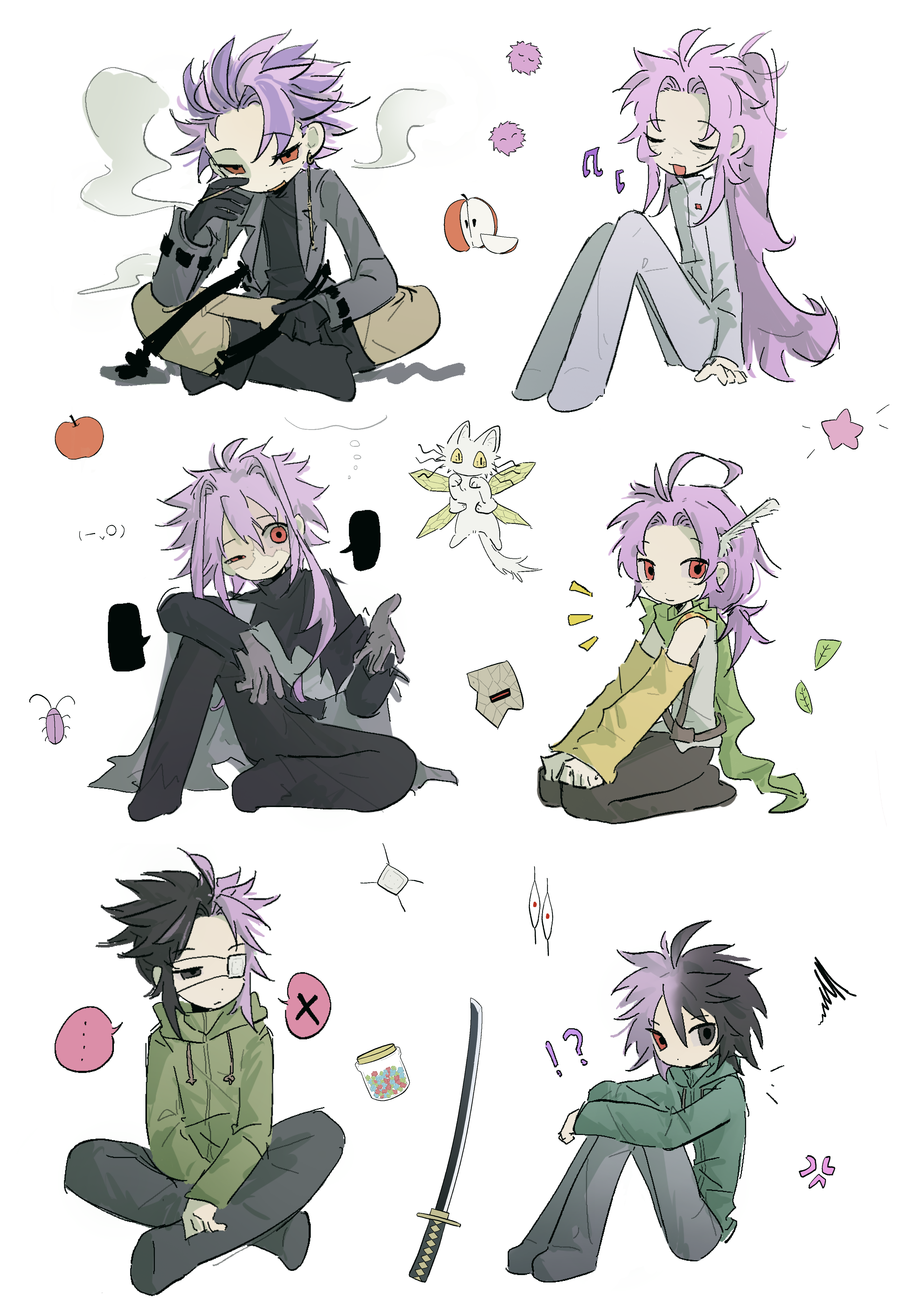 !? ... 6+boys absurdres ahoge alternate_hairstyle anger_vein apple belt black_belt black_boots black_cape black_eyes black_gloves black_hair black_pants black_shirt black_shoes blank_speech_bubble boots brown_pants bug cape chinese_commentary cigarette closed_eyes closed_mouth coat commentary_request creature curtained_hair detached_sleeves dita_iliner drawstring earrings eyepatch feather_hair_ornament feathers food fruit gloves godzylla_(saibou_shinkyoku) green_jacket green_scarf grey_coat grey_gloves grey_shirt hair_between_eyes hair_intakes hair_ornament hands_on_own_knees hatsutori_hajime heterochromia high_collar highres holding holding_cigarette hood hood_down hooded_jacket indian_style jacket jewelry katana lapels leaf long_hair long_sleeves male_focus medical_eyepatch multicolored_hair multiple_boys musical_note mutsushika_misumi nanami_izu nijou_ryuu notched_lapels notice_lines open_belt open_clothes open_coat open_mouth pants parted_bangs patchwork_skin pink_hair ponytail purple_hair red_eyes saibou_shinkyoku scarf seiza shirt shoes short_hair short_hair_with_long_locks sitting sleeveless sleeveless_shirt smile smoke speech_bubble split-color_hair spoken_ellipsis spoken_x squiggle star_(symbol) sword theodore_riddle translation_request two-tone_hair uneven_eyes weapon white_jacket white_pants white_shirt yellow_sleeves z_(z656284462)