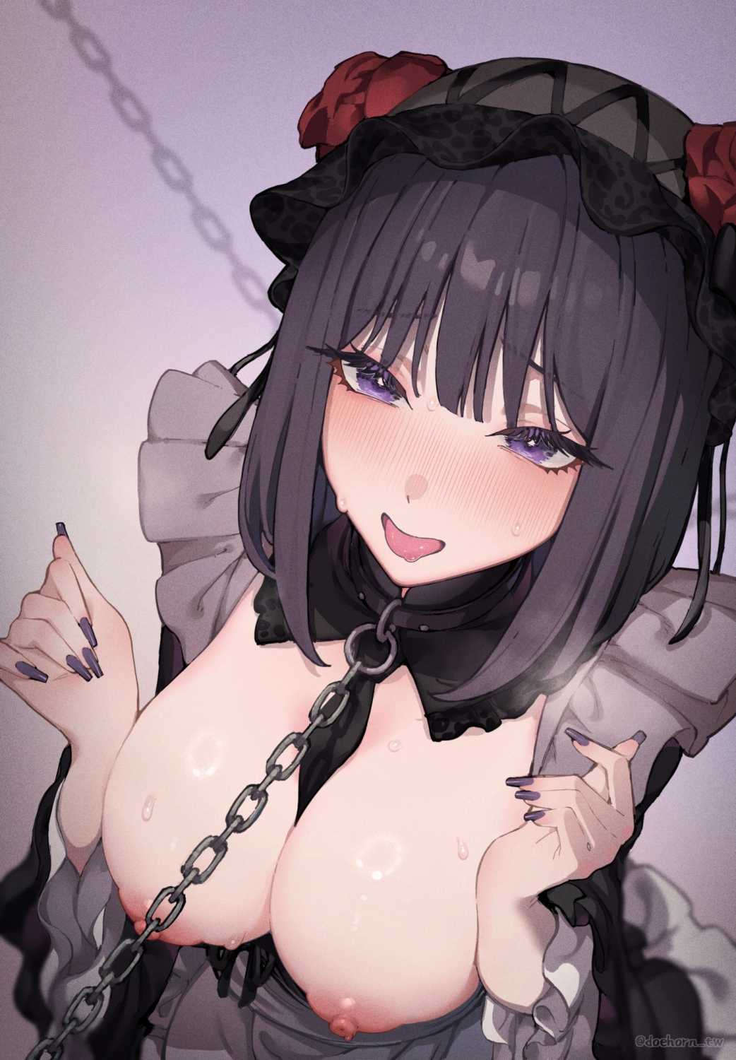 1girl apron bdsm between_breasts black_collar black_hair blush breasts breasts_out chain chained cleavage collar doehorn flower frills hair_flower hair_ornament hairband hands_up highres kitagawa_marin kuroe_shizuku large_breasts leash maid_apron medium_hair nipples open_mouth purple_eyes purple_nails raised_eyebrows slave solo sono_bisque_doll_wa_koi_wo_suru sweat tongue tongue_out upper_body