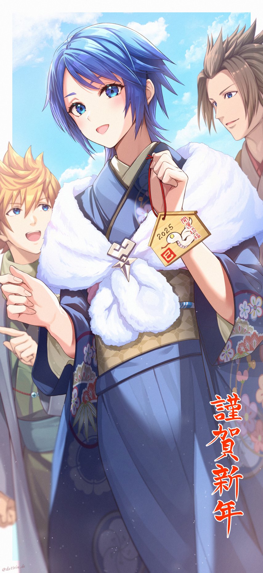 1girl 2025 2boys alternate_costume aqua_(kingdom_hearts) armor blonde_hair blue_eyes blue_hair blue_kimono blue_sky brown_hair cloud commentary english_commentary fingernails floral_print floral_print_kimono fur_trim gogo_(detteiu_de) hair_between_eyes happy_new_year height_difference highres japanese_armor japanese_clothes kimono kingdom_hearts kingdom_hearts_birth_by_sleep looking_at_another looking_at_viewer looking_to_the_side multiple_boys new_year obi open_mouth outdoors pointy_hair print_kimono sash short_hair sky terra_(kingdom_hearts) twitter_username ventus_(kingdom_hearts) wide_sleeves