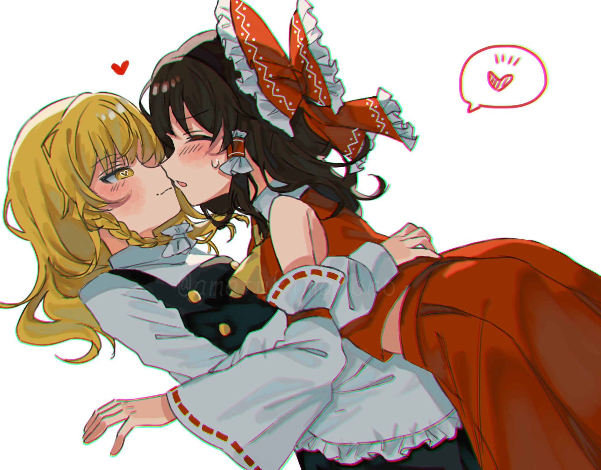 2girls amatukimahoro apron black_hair black_skirt black_vest blonde_hair blush bow braid chromatic_aberration closed_mouth detached_sleeves frilled_bow frilled_hair_tubes frills hair_bow hair_tubes hakurei_reimu hand_on_another&#039;s_back heart heart-shaped_pupils highres imminent_kiss kirisame_marisa long_hair long_sleeves multiple_girls pleated_skirt red_bow red_skirt ribbon-trimmed_sleeves ribbon_trim shirt side_braid single_braid skirt spoken_heart symbol-shaped_pupils touhou twitter_username vest watermark white_apron white_background white_bow white_shirt white_sleeves wide_sleeves yellow_eyes yuri