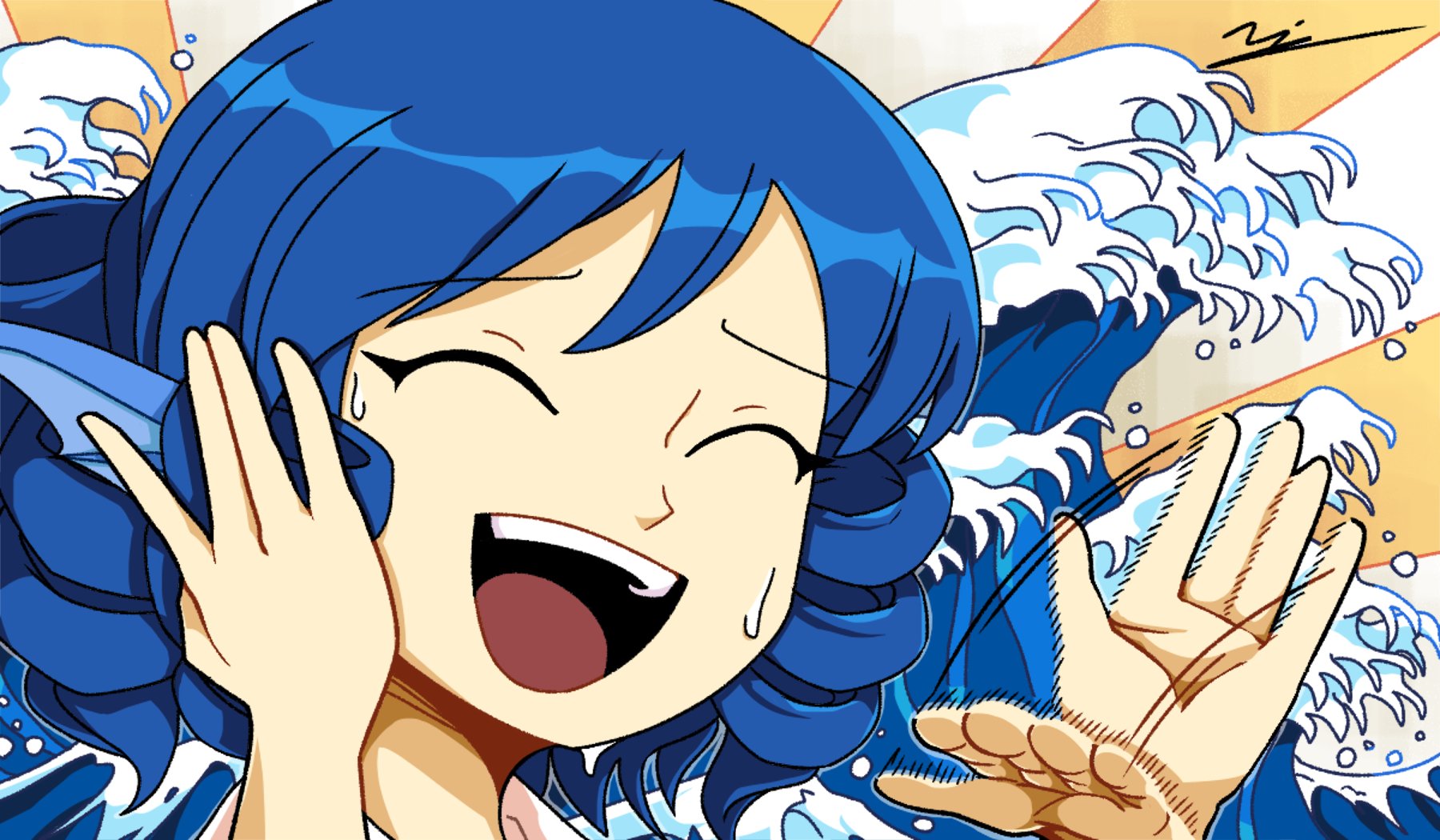 1girl :d blue_hair closed_eyes drill_hair drill_sidelocks fine_art_parody fins head_fins highres kanagawa_okinami_ura open_mouth parody sidelocks smile solo sweatdrop teeth touhou upper_body upper_teeth_only wakasagihime yoiy_san