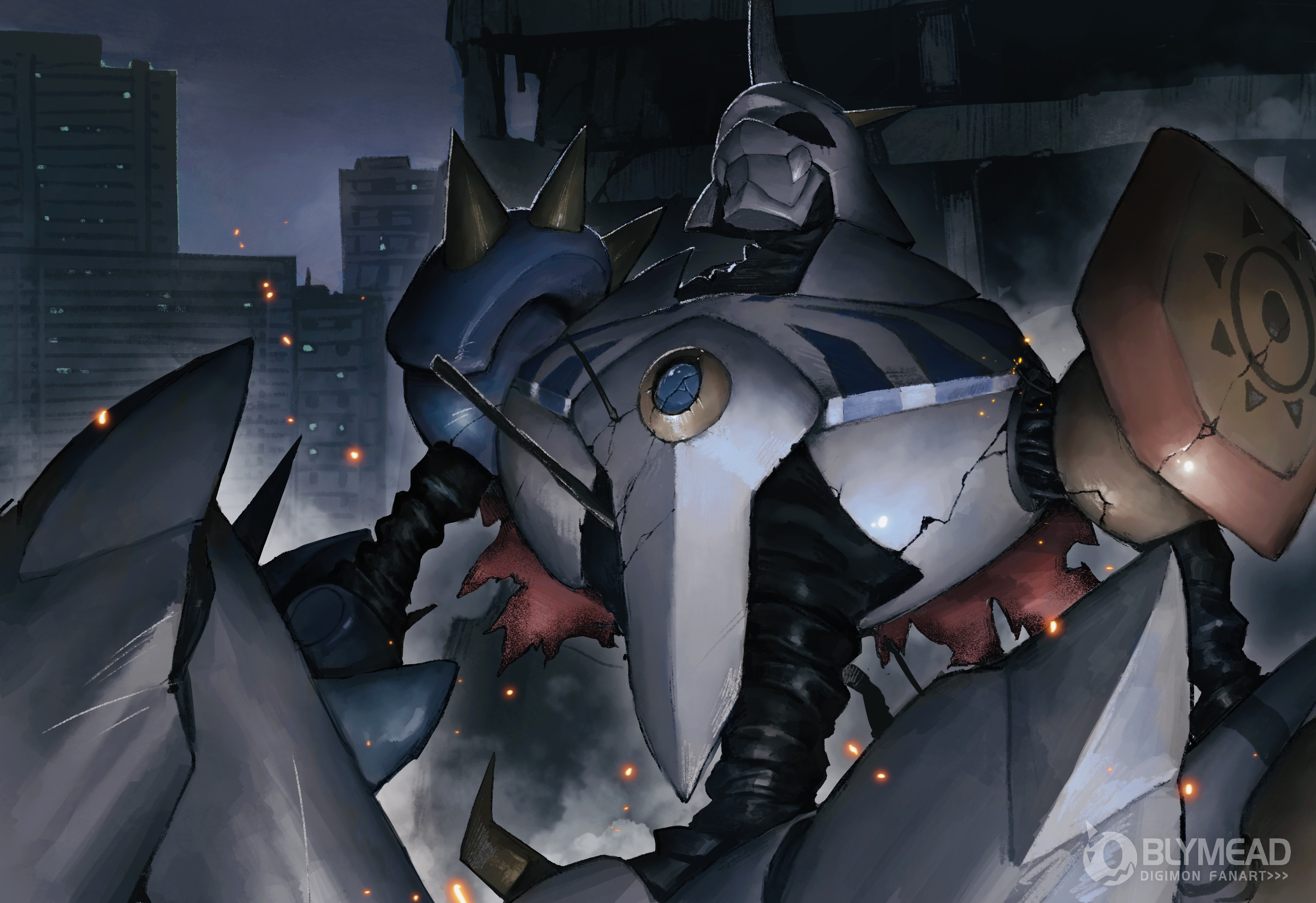 absurdres artist_name battle_damage bly_mead building cape closed_eyes digimon digimon_(creature) highres mecha omegamon outdoors robot shoulder_spikes skyscraper solo spikes torn_cape torn_clothes