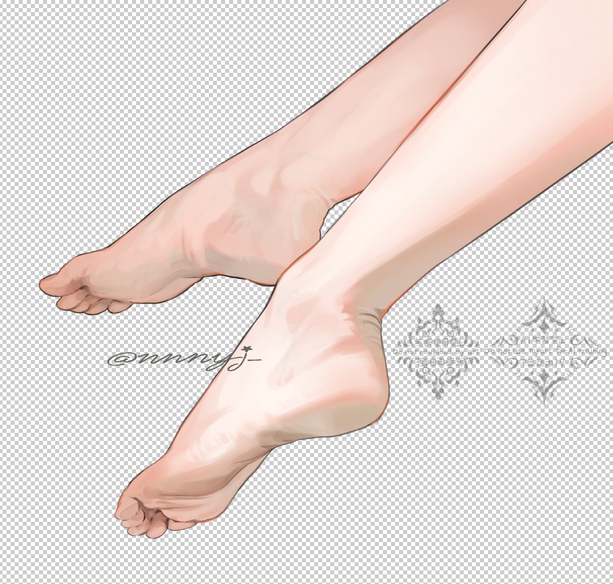 1girl artist_name barefoot feet feet_only foot_focus grey_background grid_background nnnyj original signature soles solo toes twitter_username watermark