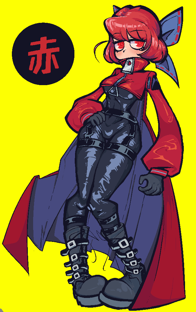 1girl adapted_costume akatsuki_records alternate_costume black_bodysuit black_boots black_gloves blue_cape bodysuit boots bow cape cosmo_and_wadda cropped_jacket dress gloves jacket latex latex_bodysuit latex_dress latex_legwear latex_suit long_sleeves looking_at_viewer purple_bow red_cape red_eyes red_hair red_jacket ribbon-trimmed_bow ribbon_trim ringed_eyes rock_&#039;n&#039;_rock_&#039;n&#039;_beat rokurokubi sekibanki short_hair skin_tight solo touhou translation_request two-sided_cape two-sided_fabric yellow_background zipper