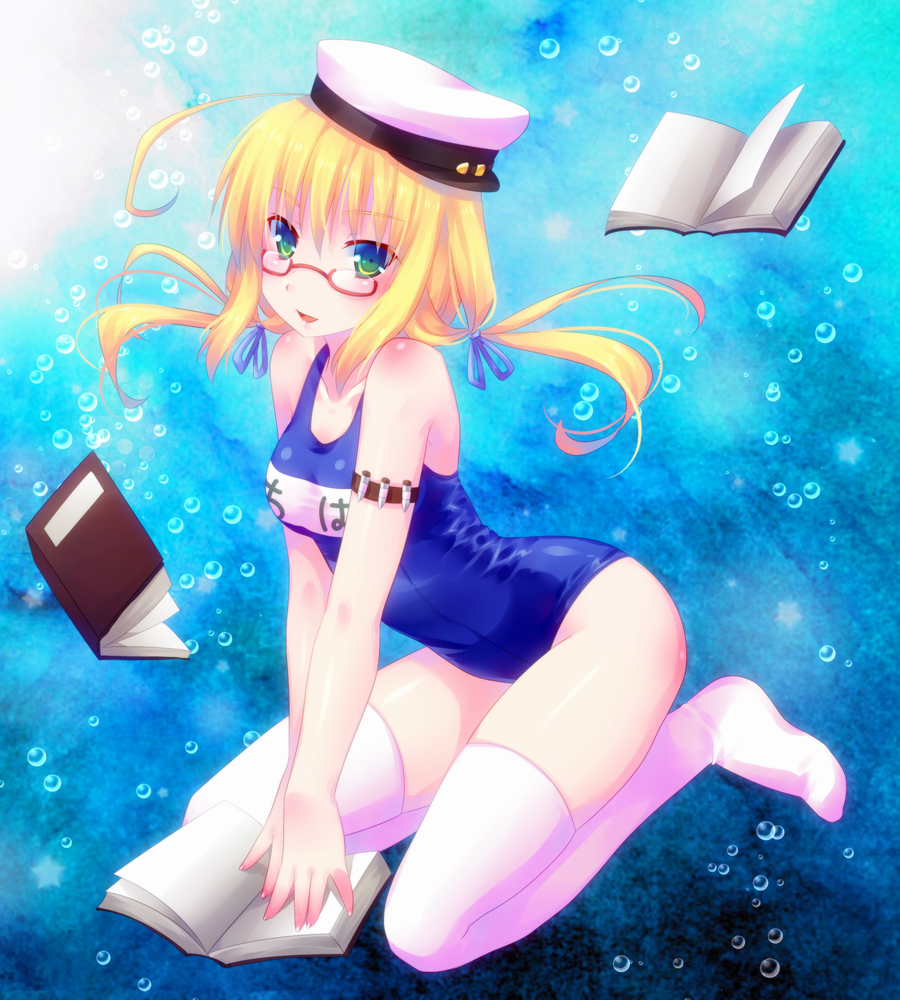 10s 1girl ahoge alternate_eye_color bad_id bad_pixiv_id blonde_hair book breasts bubble door_to_heaven female_focus glasses green_eyes hair_ribbon hat i-8_(kancolle) kantai_collection long_hair looking_at_viewer low_twintails medium_breasts name_tag one-piece_swimsuit open_book open_mouth peaked_cap red-framed_eyewear ribbon school_swimsuit smile solo swimsuit thighhighs twintails underwater white_thighhighs