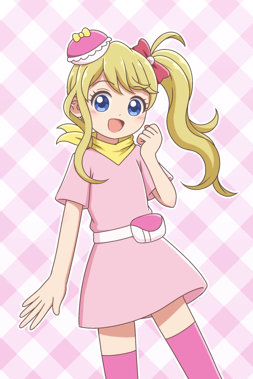 1girl :d bandai bandana bandana_around_neck blonde_hair blue_eyes blush broadcaster_connection clenched_hand cocotama_(series) coffretchi coffretchi_(cosplay) commentary company_connection cosplay cowboy_shot dot_nose dress fanny_pack gingham_background hair_ornament hair_ribbon hand_up highres hoshinogawa_haruka kato-shun kirakira_happy_hirake!_cocotama long_hair looking_at_viewer open_mouth pact_hair_ornament pink_background pink_dress pink_ribbon pink_thighhighs ponytail ribbon short_dress short_sleeves side_ponytail smile solo standing swept_bangs tamagotchi tamagotchi!_(anime) tamagotchi!_yume_kira_dream thighhighs tv_tokyo wavy_hair yellow_bandana