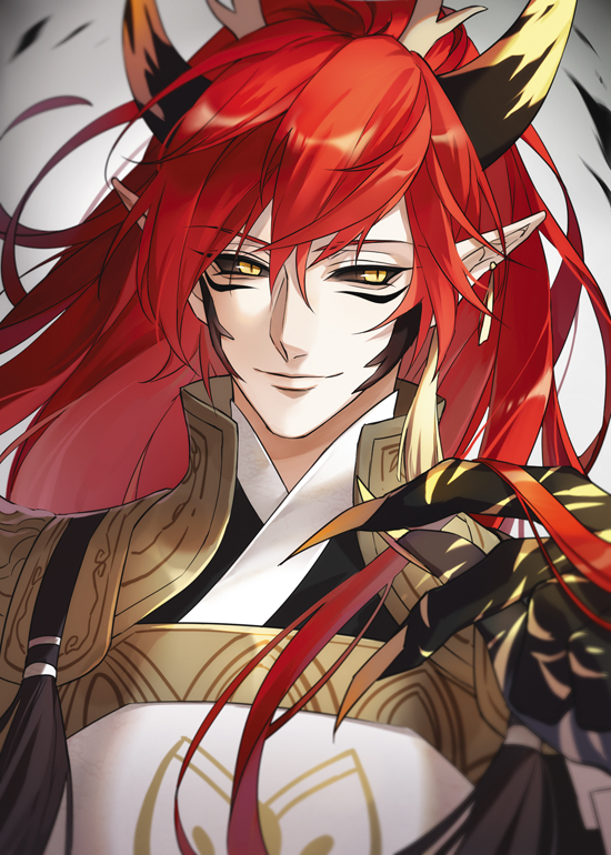 1boy black_sclera colored_sclera earrings horns japanese_clothes jewelry long_hair looking_at_viewer male_focus onmyoji pointy_ears ponytail red_hair ru_(famia) shuten_douji_(onmyoji) single_earring slit_pupils smile solo tassel tassel_earrings yellow_eyes