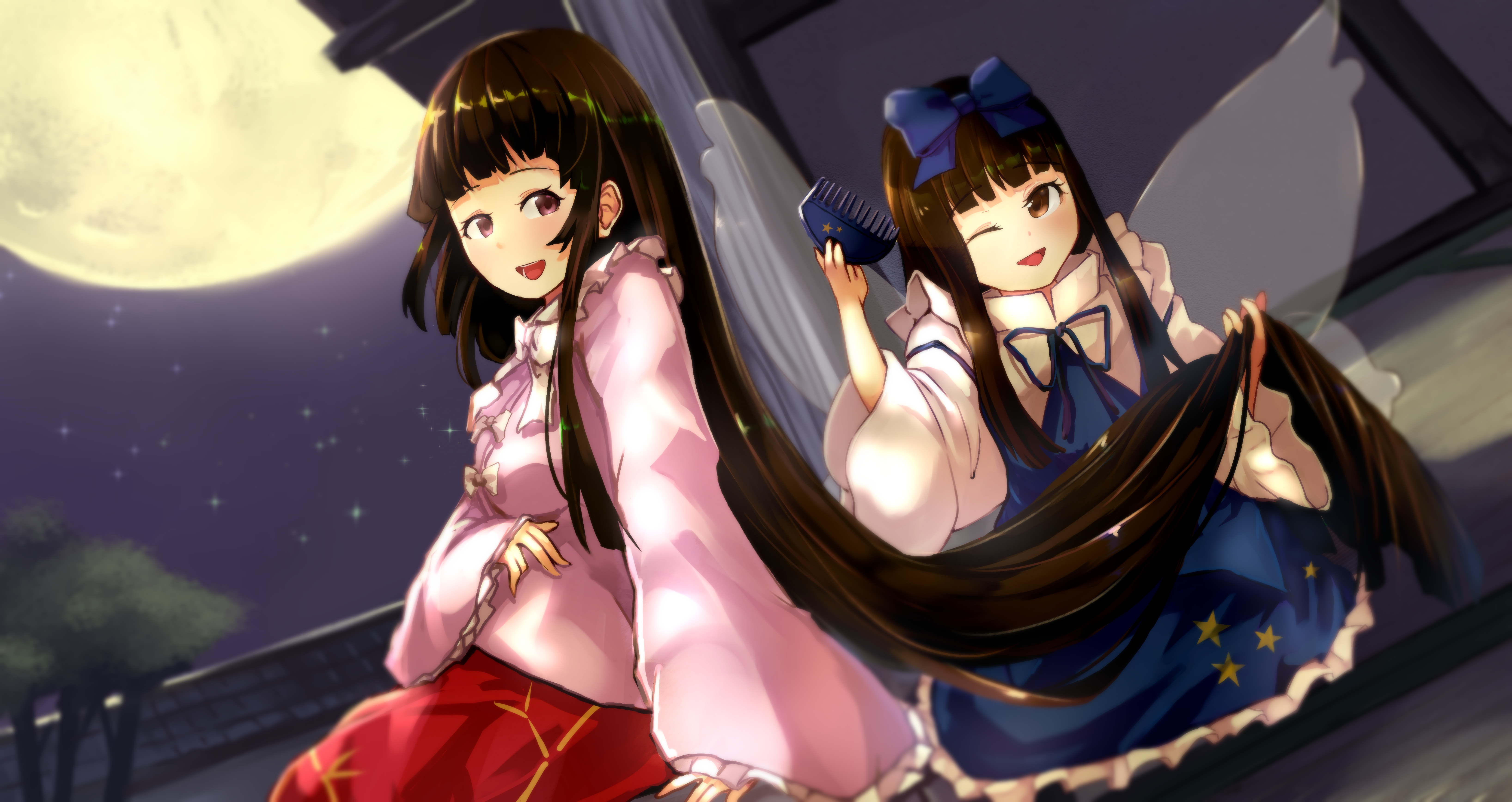2girls absurdres amatou3 architecture bamboo_print blue_bow blue_ribbon blunt_bangs bow breasts brown_eyes brown_hair brushing_another's_hair brushing_hair dutch_angle east_asian_architecture fairy_wings frilled_sleeves frills hair_bow hand_in_another's_hair highres houraisan_kaguya long_hair long_sleeves long_tongue looking_at_viewer moon multiple_girls neck_ribbon night one_eye_closed open_mouth outdoors pink_shirt print_skirt red_skirt ribbon shirt skirt small_breasts star_sapphire tongue touhou tree very_long_tongue white_shirt wide_sleeves wings