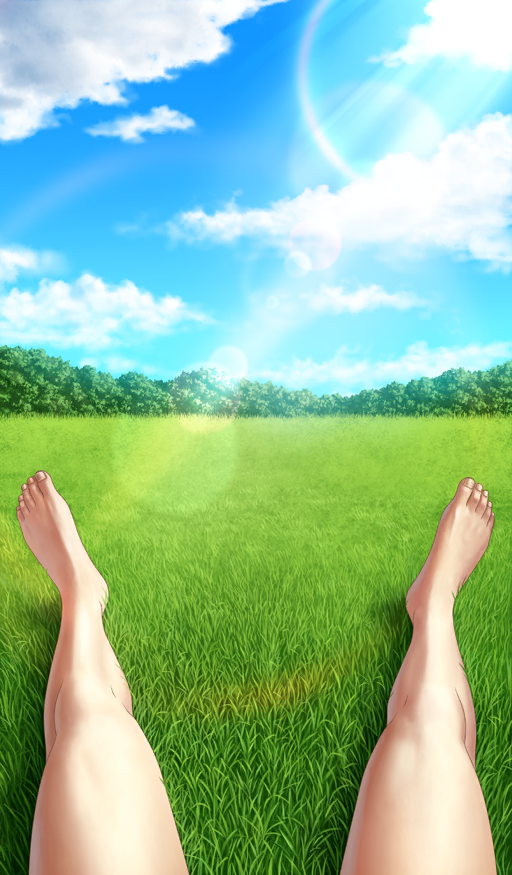 1boy barefoot blue_sky cloud commentary day fate/grand_order fate_(series) grass implied_nudity lens_flare mibuta_akihiro official_art outdoors pov roland_(fate) sky solo sunlight third-party_source tree