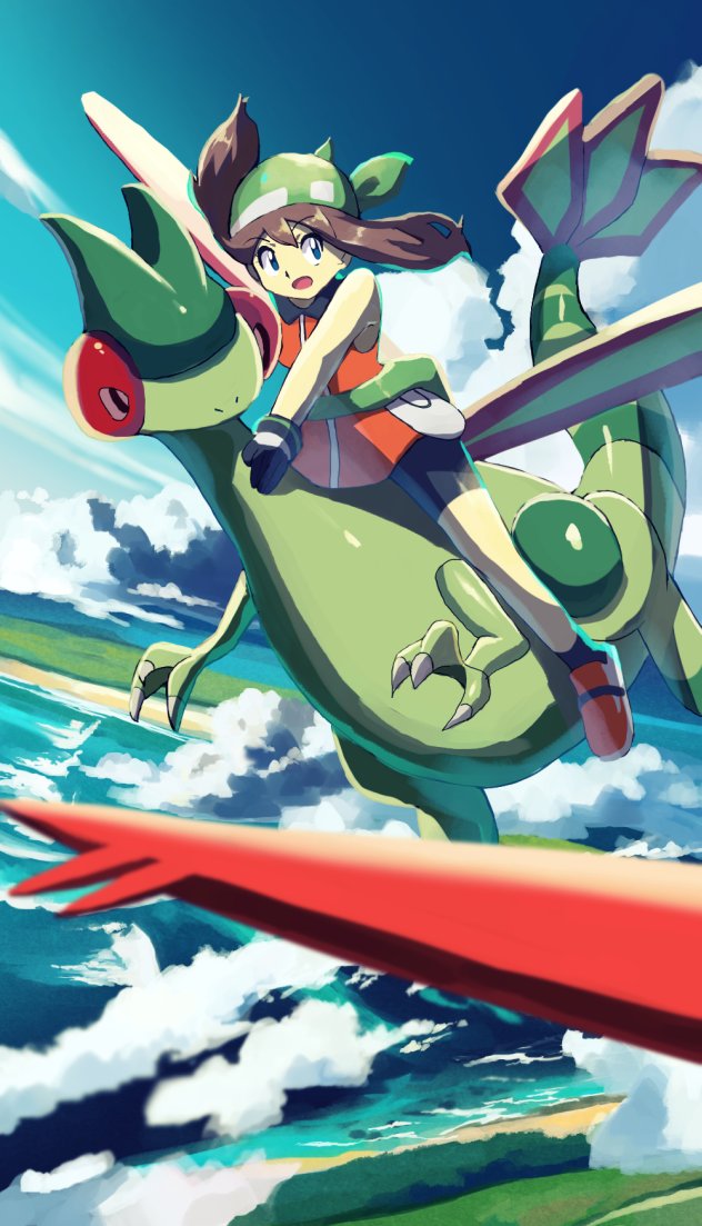 1girl bandana bare_shoulders black_shorts blue_eyes brown_hair cloud flygon flying gen_3_pokemon green_bandana latias legendary_pokemon may_(pokemon) nintendo open_mouth orange_shirt pokemon pokemon_(creature) pokemon_emerald pokemon_rse riding riding_pokemon rowdon shirt shorts sleeveless sleeveless_shirt tail wings