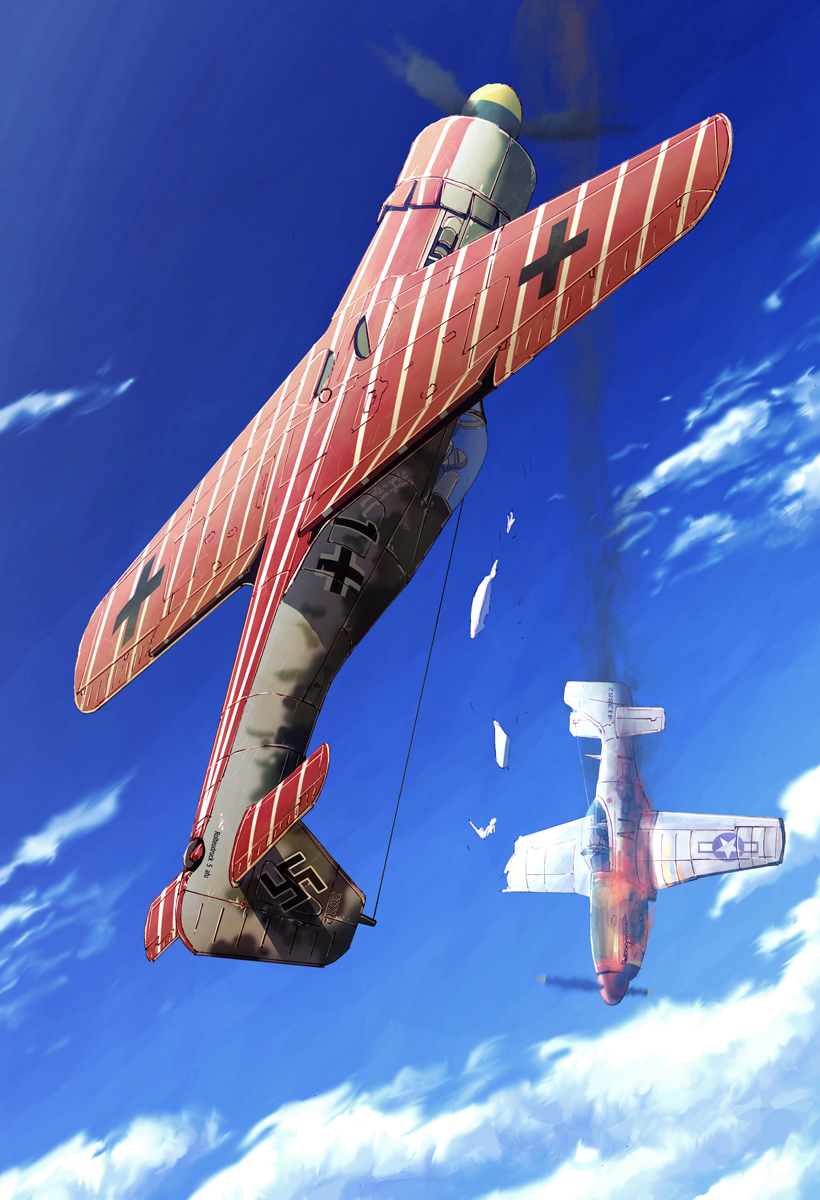 2boys aerial_battle aircraft airplane battle cloud damaged day dogfight earasensha escort_fighter fire aviator_goggles fw_190 gun highres jacket machine_gun military_vehicle multiple_boys original p-51_mustang pilot_suit propeller_fighter sky swastika tank_(container) vehicle_focus weapon world_war_ii