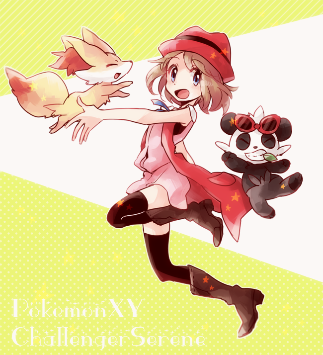1girl black_shirt black_thighhighs blue_ribbon boots brown_footwear brown_hair closed_eyes commentary fennekin gen_6_pokemon hat jacket mebae_(1o2o) mouth_hold nintendo open_mouth pancham pink_hat pink_jacket pokemon pokemon_(anime) pokemon_(creature) pokemon_xy_(anime) ribbon serena_(pokemon) shirt short_hair sleeveless smile sunglasses thighhighs
