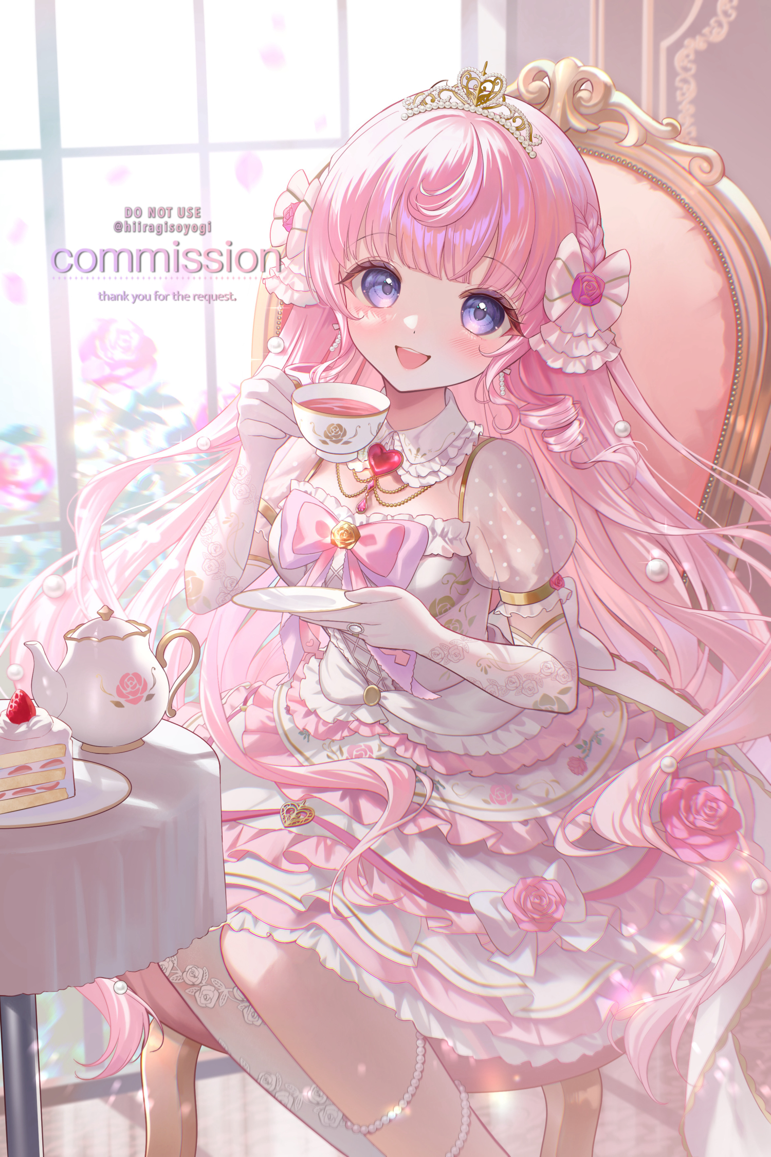 1girl bow cake chair collar commission cup dress elbow_gloves flower food gloves hair_bow heart_collar highres hiiragisoyogi himeno_aimu holding holding_cup holding_plate indie_virtual_youtuber indoors jewelry long_hair looking_at_viewer necklace pink_bow pink_dress pink_flower pink_hair plate puffy_short_sleeves puffy_sleeves purple_eyes see-through_clothes see-through_sleeves short_sleeves sitting skeb_commission solo teacup teapot tiara two-tone_dress very_long_hair virtual_youtuber watermark white_bow white_collar white_dress white_gloves