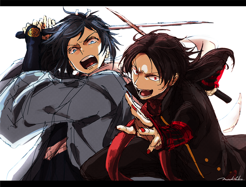10s 2boys artist_name blonde_hair blue_eyes bridal_gauntlets deepstrait haori holding holding_sword holding_weapon japanese_clothes kashuu_kiyomitsu letterboxed machi_fuka male_focus mole mole_under_eye multiple_boys nail_polish outstretched_arm ponytail red_eyes red_nails scarf shinsengumi signature sword touken_ranbu weapon yamato-no-kami_yasusada