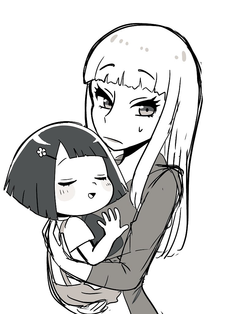 2girls black_hair blind blunt_ends carrying child_carry closed_eyes frown genderswap genderswap_(mtf) hair_ornament hairclip hinakura3 iyami iyayo lipstick long_hair long_sleeves looking_down makeup mature_female multiple_girls okiku_(osomatsu-kun) osomatsu-san_the_movie osomatsu_(series) overall_skirt sketch smile
