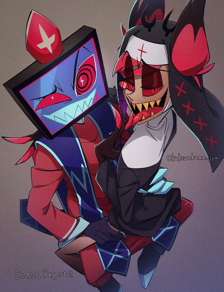 2boys alastor_(hazbin_hotel) animal_ears antlers black_dress black_hands cassock colored_extremities colored_sclera colored_skin commentary_request deer_antlers deer_ears dress film_grain finger_to_tongue from_above full_body grey_skin habit hand_on_another&#039;s_back hat hazbin_hotel horns kurimilove leg_grab looking_at_viewer male_focus mitre multiple_boys nun object_head open_mouth priest raised_eyebrow red_eyes red_hair red_hat red_robe red_sclera robe saliva sharp_teeth sitting sitting_on_lap sitting_on_person stole teeth tongue tongue_out twitter_username vox_(hazbin_hotel) x yaoi yellow_teeth