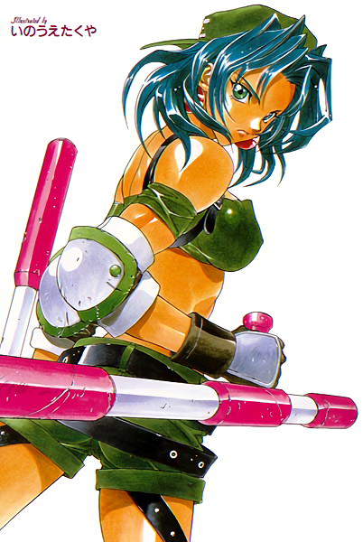 1990s_(style) 1girl angry armband belt blue_hair crop_top dual_wielding earrings elbow_pads gloves green_eyes hat holding inoue_takuya jewelry looking_at_viewer looking_back midriff non-web_source police police_uniform policewoman retro_artstyle shorts signature simple_background solo tonfa toushinden tracy_(toushinden) weapon white_background