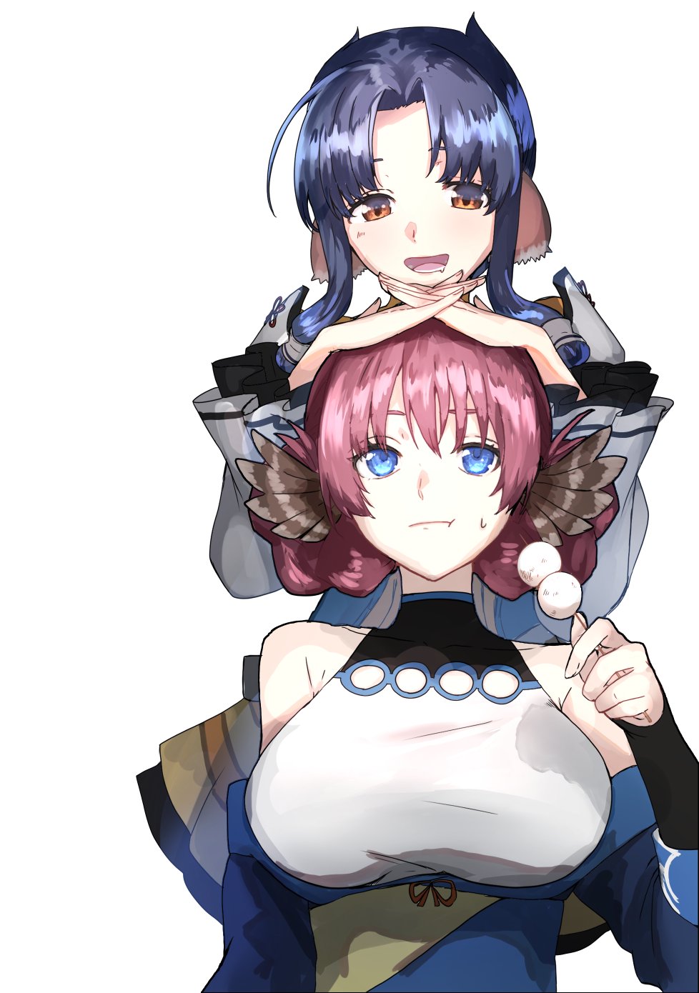 2girls ainu_clothes animal_ears aquaplus arm_up atuy bare_shoulders blue_eyes blue_hair braid breasts chewing collarbone dango dress drooling fingerless_gloves food frilled_sleeves frills gloves gradient_eyes hair_between_eyes hands_on_another&#039;s_head highres kuro_kawa2 large_breasts leotard leotard_under_clothes long_sleeves looking_up multicolored_eyes multiple_girls nose nosuri off_shoulder open_mouth orange_eyes parted_bangs red_hair short_hair_with_long_locks sidelocks sleeveless taut_clothes tongue upper_body utawarerumono utawarerumono:_itsuwari_no_kamen wagashi