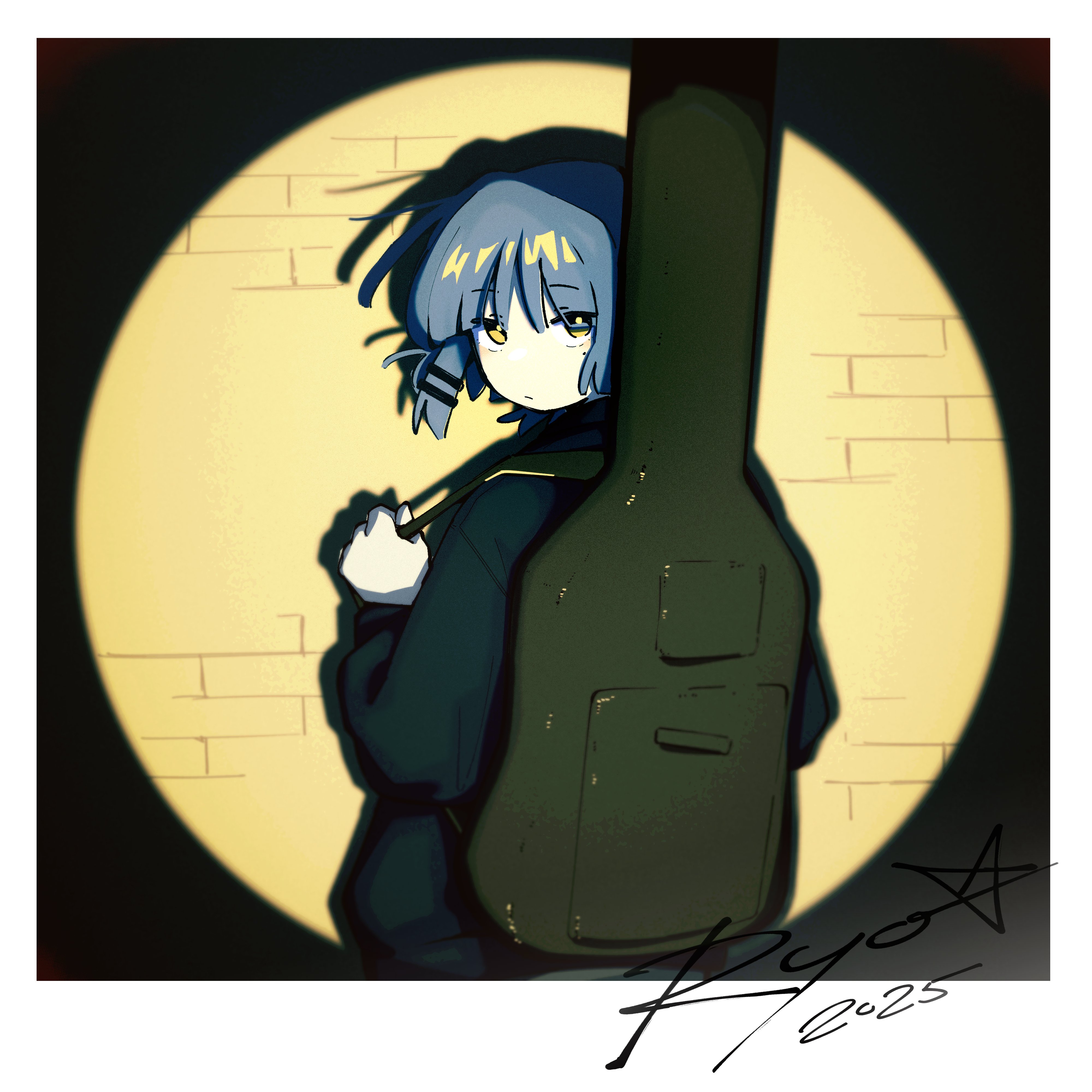 1girl 2025 absurdres backpack bag bass_guitar blue_hair bocchi_the_rock! border brick_wall character_signature eyebrows_hidden_by_hair fake_photograph hair_ornament hairclip highres instrument jacket looking_at_viewer machuuu68 photo_(object) short_hair solo spotlight white_border yamada_ryo yellow_eyes