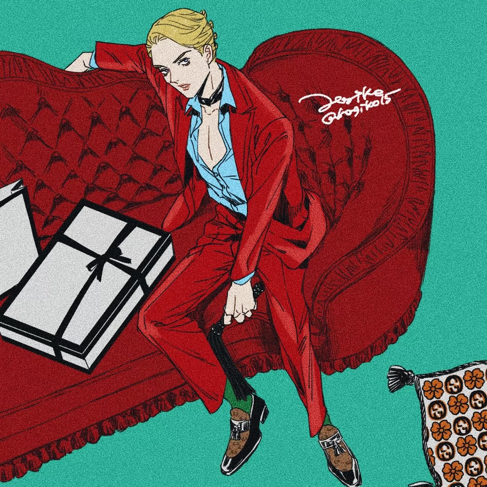 1boy black_collar blonde_hair blue_shirt box collar collarbone collared_shirt couch gift gift_box green_background green_socks hagiko15 holding holding_whip jacket jojo_no_kimyou_na_bouken loafers long_sleeves looking_at_viewer male_focus on_couch open_collar pants parted_lips pectoral_cleavage pectorals pillow pink_lips prosciutto red_jacket red_pants shirt shirt_tucked_in shoes short_hair signature sitting socks solo twitter_username vento_aureo