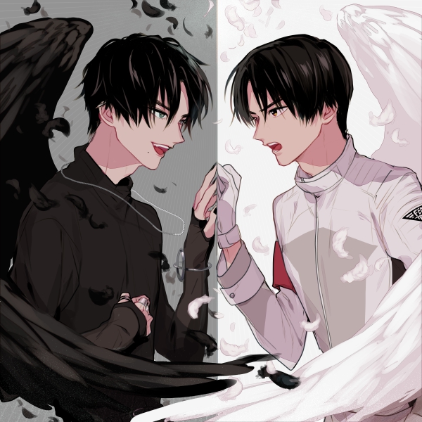2boys armband black_hair black_nails black_shirt black_wings brown_eyes feathered_wings fenix_uniform gloves goth_fashion green_eyes grey_background grin igarashi_daiji jewelry kagerou_(kamen_rider_revice) kamen_rider kamen_rider_revice looking_at_viewer male_focus military military_uniform mixed-language_commentary multiple_boys multiple_rings nail_polish reflection ring shirt smile upper_body weapon white_gloves white_wings wings zo_ochi2