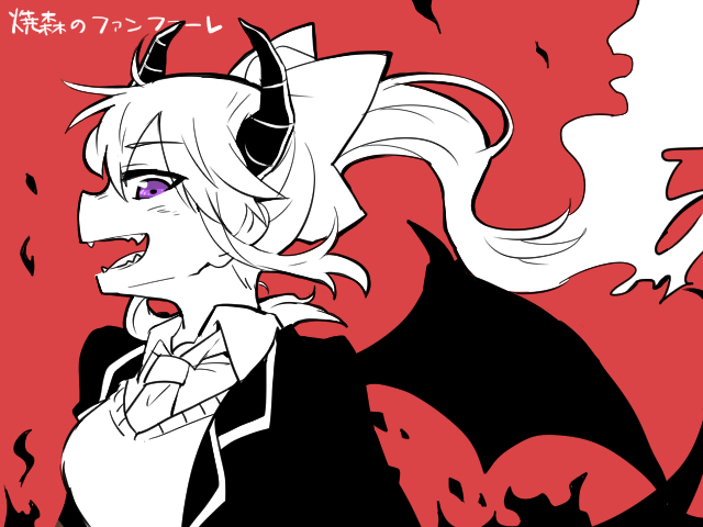 1girl :d blazer bow breasts chibi collared_shirt dragon_girl dragon_horns dragon_wings fiery_hair floating_hair hair_between_eyes hair_bow higuchi_kaede higuchi_kaede_(1st_costume) horns jacket long_hair medium_breasts necktie nijisanji open_clothes open_jacket open_mouth ponytail purple_eyes rebecca_(keinelove) red_background school_uniform sharp_teeth shirt smile solo sweater teeth translation_request upper_body very_long_hair virtual_youtuber wings