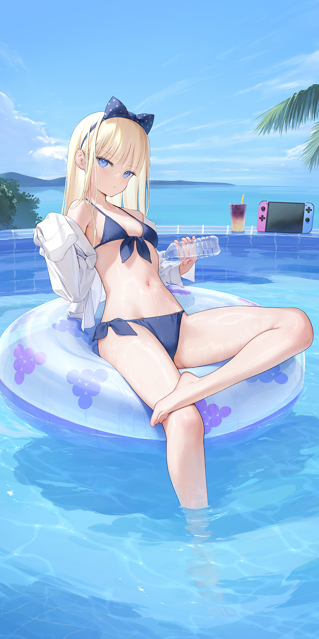 1girl afloat bare_legs bare_shoulders barefoot bikini blonde_hair blue_bikini blue_eyes blue_innertube blush bottle breasts closed_mouth collarbone crossed_legs feet front-tie_bikini_top front-tie_top hair_ribbon hairband handheld_game_console highres hikikomori-chan_(mignon) hip_bones holding holding_bottle innertube long_hair long_sleeves looking_at_viewer mignon navel nintendo_switch off_shoulder on_innertube open_clothes open_shirt original outdoors plastic_bottle pool ribbon shiny_skin shirt side-tie_bikini_bottom sitting sleeves_past_fingers sleeves_past_wrists small_breasts soaking_feet solo stomach swim_ring swimsuit toes water water_bottle wet white_shirt