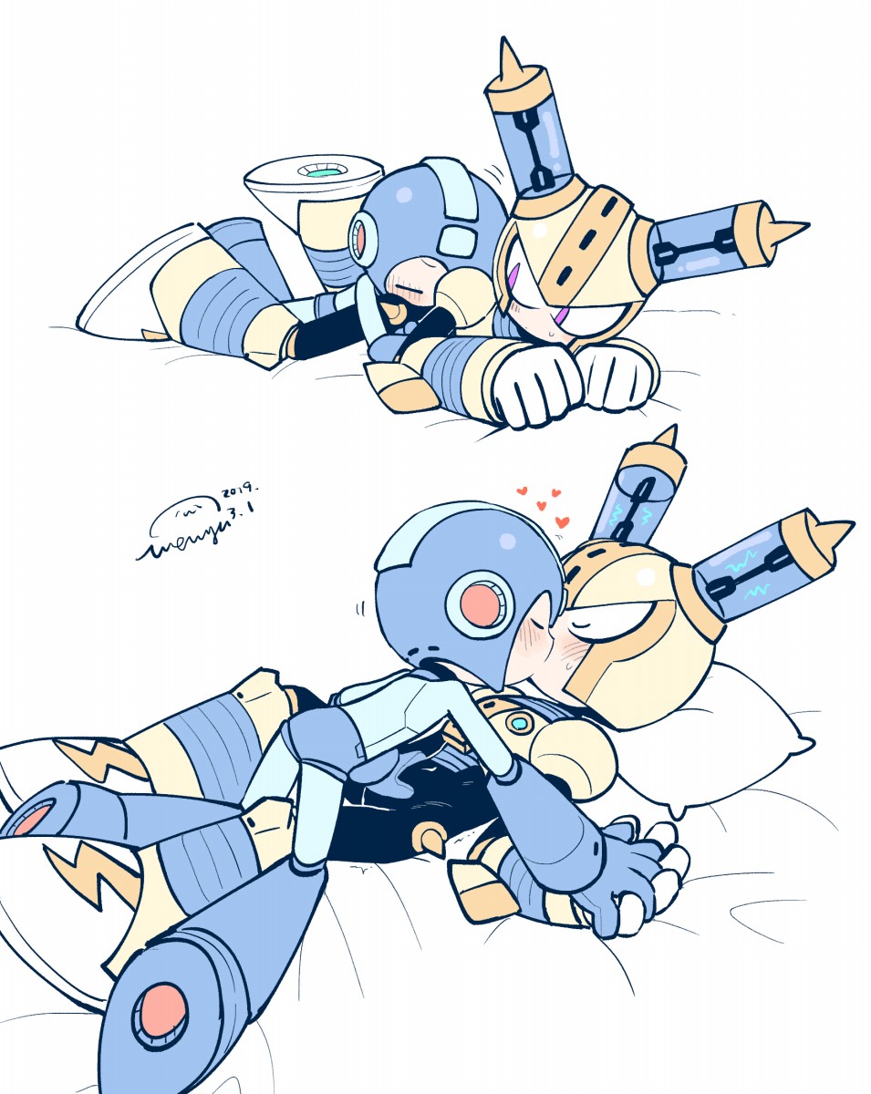 2boys android armor bed black_bodysuit blue_armor blue_headwear blush bodysuit breastplate chibi closed_eyes commentary_request covered_navel full_body fuse fuse_man gloves heart helmet highres holding_hands hug joints kiss looking_back lying male_focus mega_man_(character) mega_man_(classic) mega_man_(series) mega_man_11 multiple_boys multiple_views on_bed pillow purple_eyes robot robot_ears robot_joints simple_background sweatdrop vambraces wenyu white_background white_gloves yaoi yellow_armor yellow_headwear