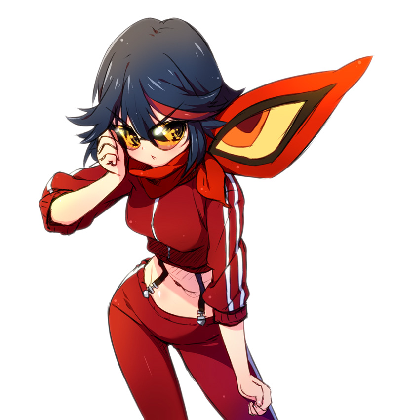 10s 1girl adjusting_eyewear alternate_costume black_hair blue_eyes cropped_jacket glasses kill_la_kill living_clothes matoi_ryuuko midriff multicolored_hair navel pandaki_(aki) red_hair scarf senketsu senketsu_(scarf) safety_glasses short_hair spoilers suspenders tinted_eyewear track_suit two-tone_hair yellow-tinted_eyewear