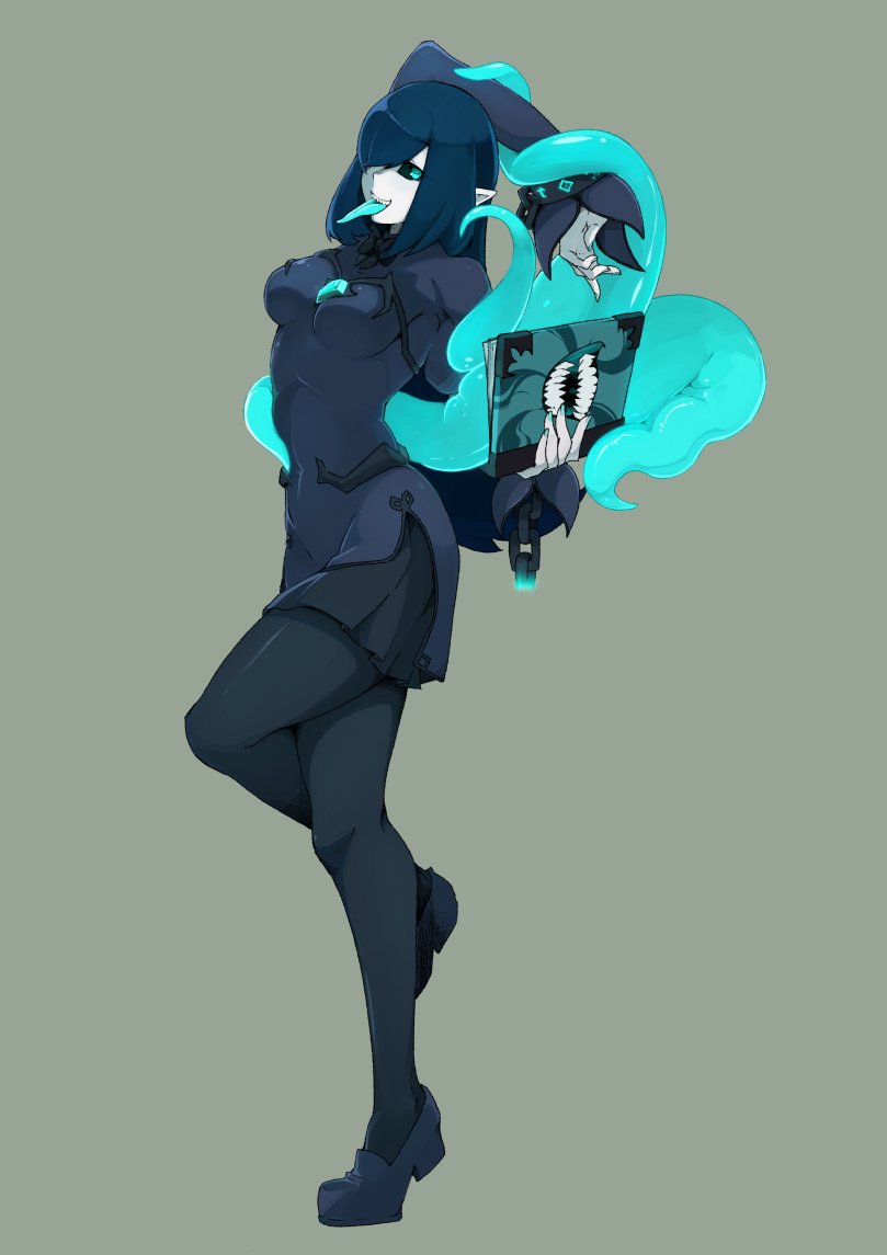 1girl black_pantyhose black_sclera black_skirt blue_dress blue_eyes blue_hair blue_nails blue_shoes blue_tongue book broken broken_chain chain colored_sclera colored_tongue commentary commission crossed_legs doodlerush dress english_commentary fingernails full_body grey_background hair_over_one_eye hand_up holding holding_book long_hair long_sleeves looking_at_viewer lucia_(reddgeist) miniskirt nail_polish one_eye_covered original pantyhose pointy_ears shoes simple_background skirt smile solo standing standing_on_one_leg tentacles tiptoes tongue tongue_out