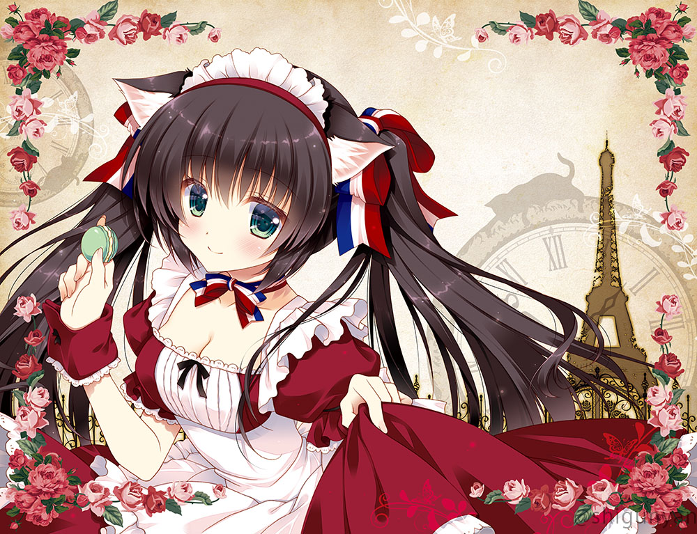 1girl animal_ear_fluff animal_ears black_hair bow breasts cat_ears cat_girl cleavage closed_mouth commentary_request dress eiffel_tower flower food france green_eyes hands_up holding holding_food long_hair macaron maid maid_headdress original pink_flower pink_rose puffy_short_sleeves puffy_sleeves red_dress red_flower roman_numeral rose shigunyan short_sleeves skirt_hold smile solo striped_bow twintails twitter_username very_long_hair watch wrist_cuffs