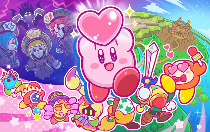 1boy 4girls bandana blade_knight blonde_hair blue_hair broom broom_hatter castle commentary_request como_(kirby) covered_mouth drop_shadow faceless flamberge_(kirby) fran-kiss fran-rouge francisca_(kirby) hat heart heart-shaped_eyes hyness jester_cap kirby kirby_star_allies kirby_(series) multiple_girls nintendo official_art one-eyed plugg_(kirby) rayman_limbs red_hair smile sparkle staff sweeping vividria waddle_dee waddle_doo zan_partizanne
