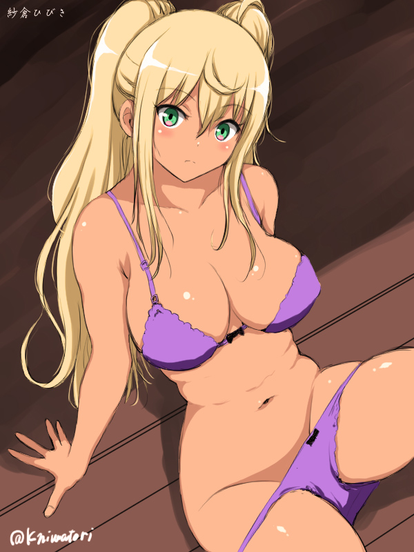 1girl bare_arms bare_shoulders blonde_hair bra breasts cleavage commentary_request dark-skinned_female dark_skin dumbbell_nan_kilo_moteru? female_focus frown green_eyes hair_between_eyes large_breasts long_hair looking_at_viewer navel niwatori_kokezou panties purple_bra purple_panties sakura_hibiki signature solo translation_request twintails underwear wooden_floor
