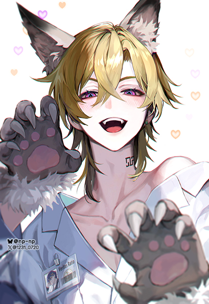 1boy :d animal_ear_fluff animal_ears animal_hands artist_name aventurine_(honkai:_star_rail) blonde_hair blue_eyes bluesky_logo bluesky_username blush character_name claw_pose claws coat collarbone commentary crossed_bangs dr._ratio_(honkai:_star_rail) english_commentary fangs gloves hair_between_eyes hands_up heart heart_background honkai:_star_rail honkai_(series) id_card lab_coat lapels long_sleeves looking_at_viewer male_focus multicolored_eyes neck_tattoo np_(1231_0720) off_shoulder open_mouth parted_bangs paw_gloves pawpads purple_eyes short_hair simple_background single_bare_shoulder smile solo tattoo teeth twitter_username twitter_x_logo upper_body upper_teeth_only white_background white_coat wolf_ears