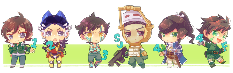 &gt;:( 6+boys :3 :p aleph_(megami_tensei) black_hair blue_jacket bodysuit brown_eyes brown_hair chibi chibi_only closed_mouth demi-fiend facial_mark flynn_(megami_tensei) full-body_tattoo gloves green_background green_eyes green_jacket green_pants grey_eyes gun headgear helmet holding holding_gun holding_weapon jacket kazuya_(megami_tensei) long_hair looking_at_viewer military_uniform multiple_boys nanashi_(megami_tensei) numbered open_mouth pants ponytail shin_megami_tensei shin_megami_tensei:_strange_journey shin_megami_tensei_i shin_megami_tensei_ii shin_megami_tensei_iii:_nocturne shin_megami_tensei_iv shin_megami_tensei_iv_final shooting428star short_hair shorts simple_background smile sword tadano_hitonari tattoo tongue tongue_out topless_male v-shaped_eyebrows weapon white_background yellow_eyes