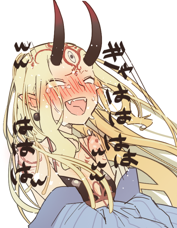 1girl bare_shoulders bikini black_bikini blonde_hair blue_kimono blush body_markings breasts earrings facial_mark fangs fate/grand_order fate_(series) forehead_mark horns ibaraki_douji_(fate) ibaraki_douji_(fate/grand_order) ibaraki_douji_(swimsuit_lancer)_(fate) ibaraki_douji_(swimsuit_lancer)_(first_ascension)_(fate) isagiyo japanese_clothes jewelry kimono laughing long_hair nose_blush off_shoulder oni oni_horns open_mouth pointy_ears simple_background sketch small_breasts solo swimsuit teeth upper_body white_background