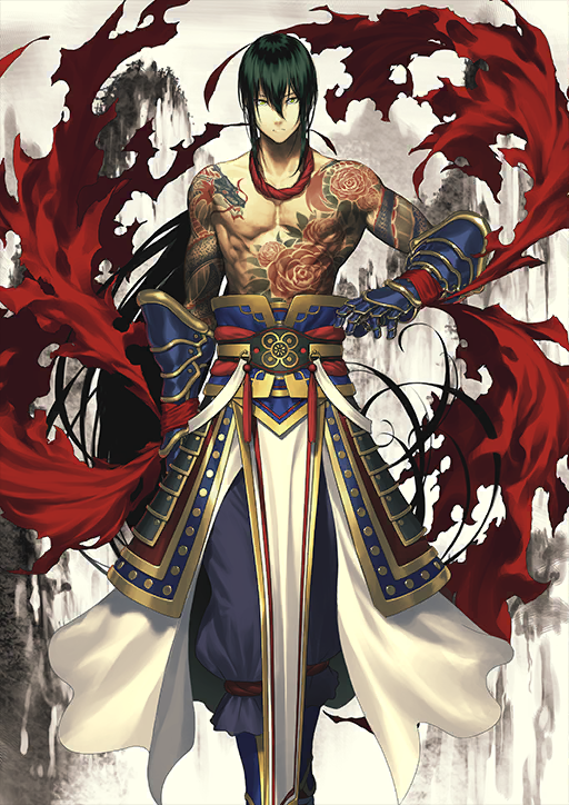 1boy abs arm_at_side arm_tattoo armor black_boots black_pants boots chest_tattoo chinese_armor chinese_clothes closed_mouth double-parted_bangs dragon_tattoo expressionless fate/grand_order fate_(series) feet_out_of_frame floating_clothes floating_hair flower_tattoo gauntlets green_eyes hair_between_eyes hand_up legs_together long_hair long_sidelocks looking_at_viewer low_ponytail male_focus official_art pants pectorals pelvic_curtain ponytail shima_udon shoulder_tattoo sidelocks solo standing tattoo third-party_source toned toned_male topless_male variant_set very_long_hair white_background yan_qing_(fate)